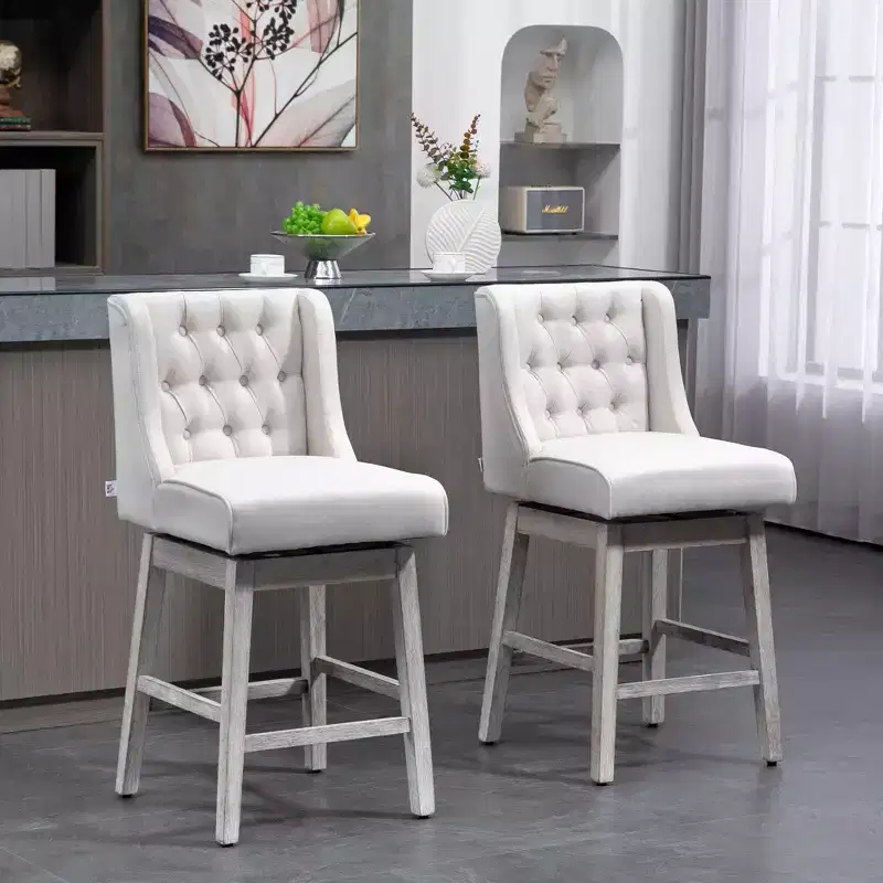 HOMCOM Counter Height Bar Stools Set of 2, 180 Degree Swivel Kitchen Island Stool, 27 Seat Height with Wood Footrests and Button Tufted Design