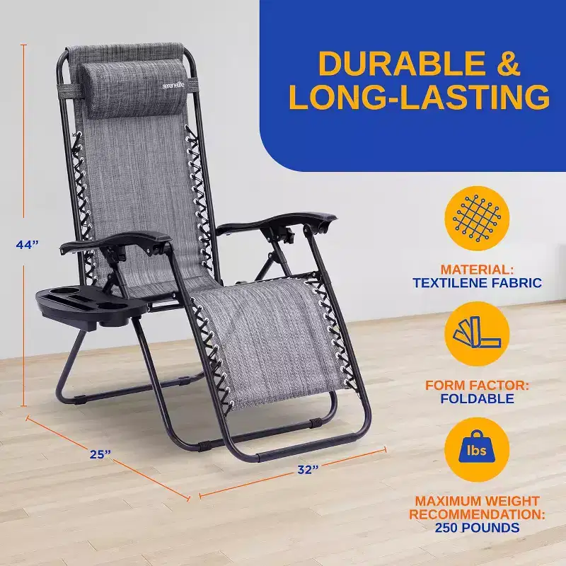SereneLife Outdoor Recliners with Plastic Cup Holder Side Table and Padded Headrest Pillows (Gray)  2 Pack