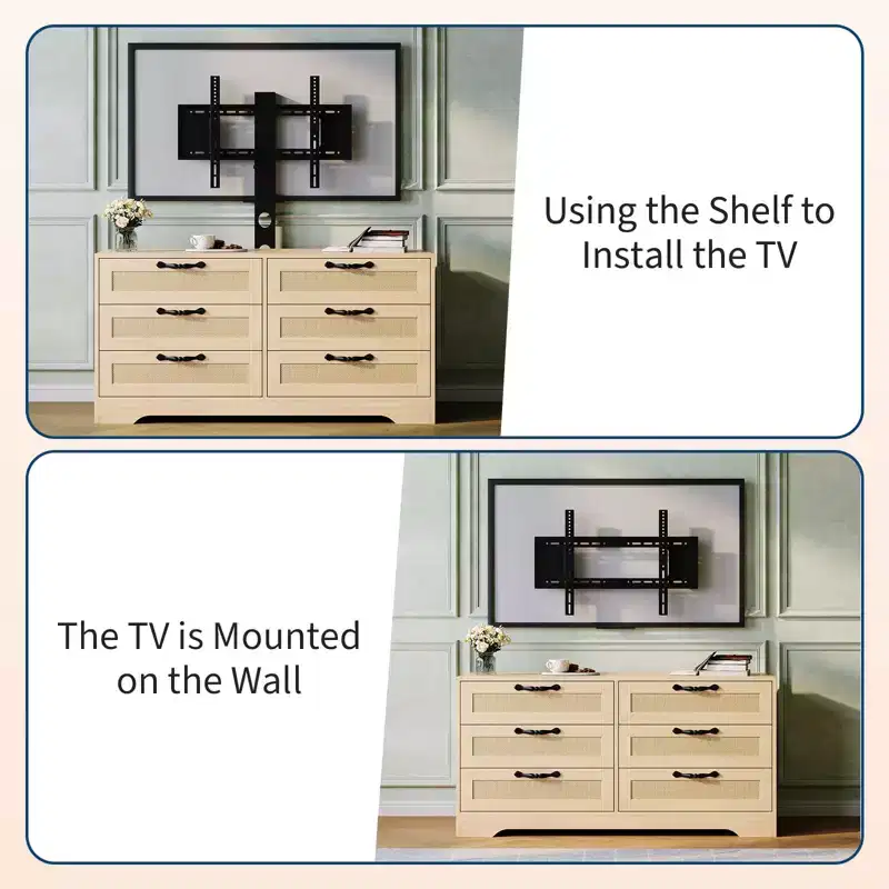 Wood & Rattan TV Stand with Mount 6-Drawer 47.2''W x 43.8''H x 15.7''D