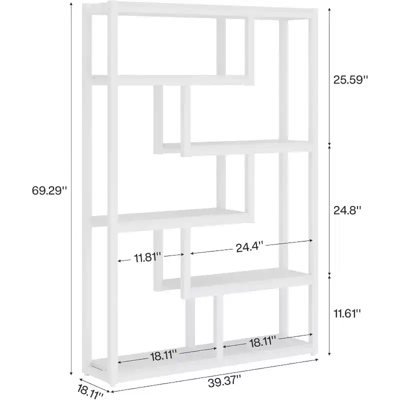 Lantine 6-Shelf Industrial Bookshelf, 69 Inch Tall Storage Display Staggered Shelves with Sturdy Metal Frame for Home Office, White