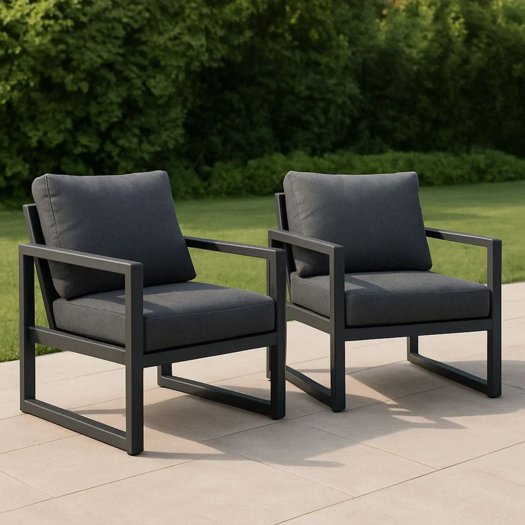 Lot de 2 fauteuils de jardin ext茅rieur en aluminium gris avec coussins en polyester