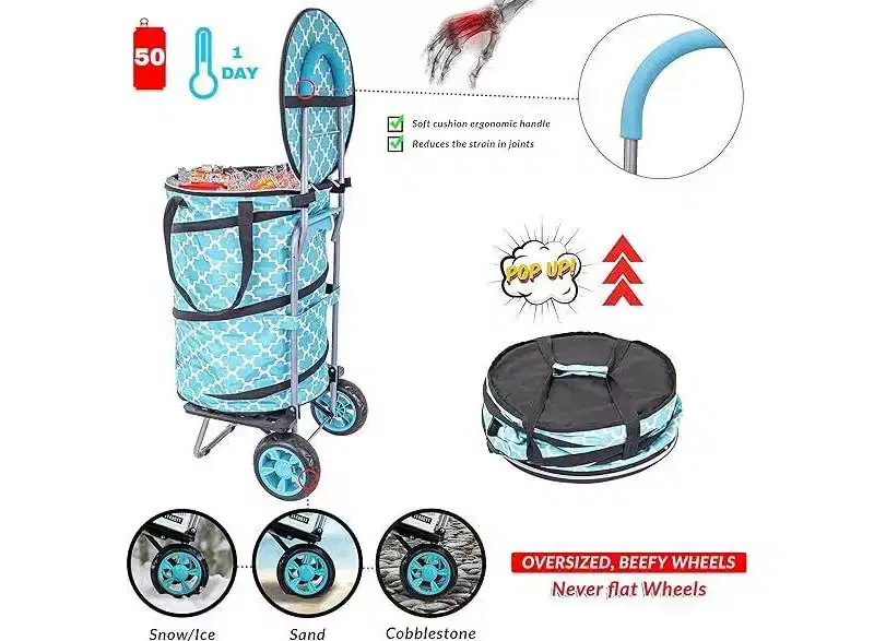 Insulated Folding Shopping Cart with Removable Cooler Bag, Moroccan Tile