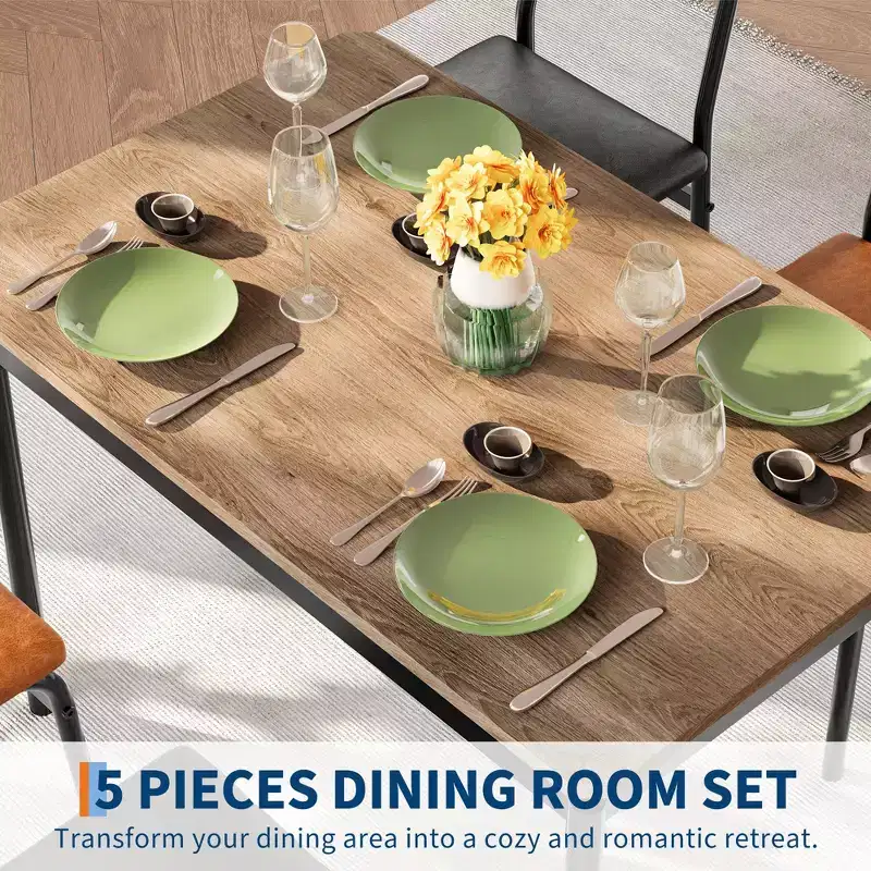 5 Piece Dining Table Set, with 4 PU Upholstered Chair