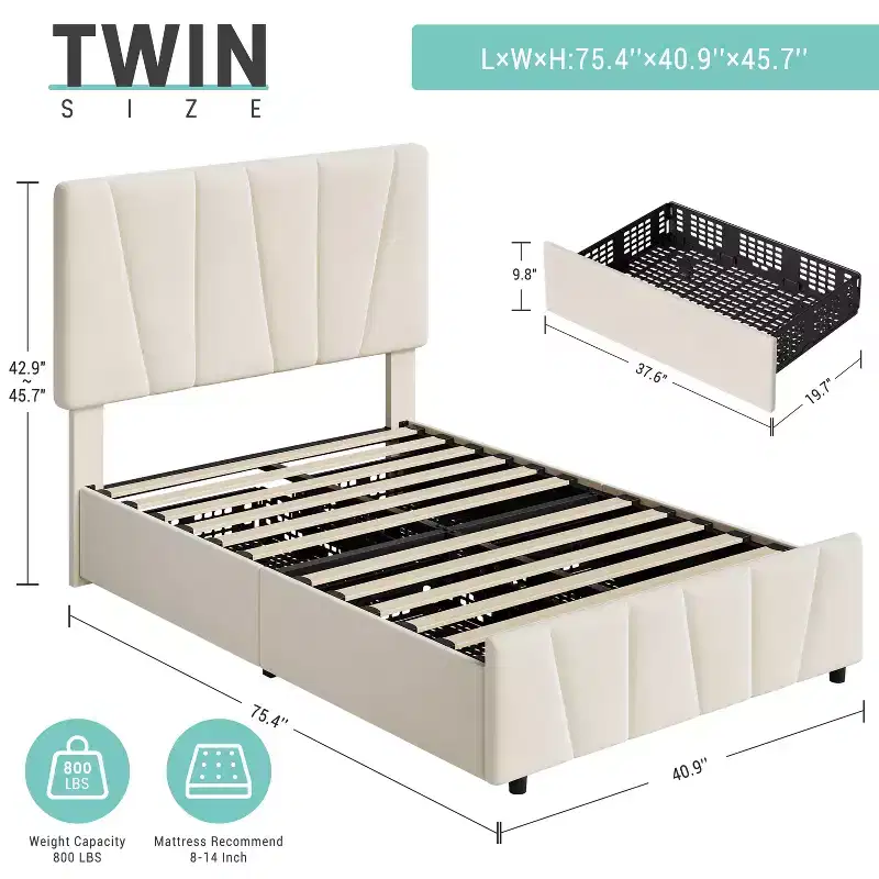 Twin Size Bed Frame with Adjustable Headboard and 2 Storage Drawers, Velvet Upholstered Tufted Platform Bed, No Box Spring Needed, Beige