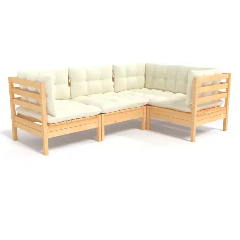 vidaXL Solid Pinewood Patio Lounge Set 4 Piece with Cushions - Brown and Cream