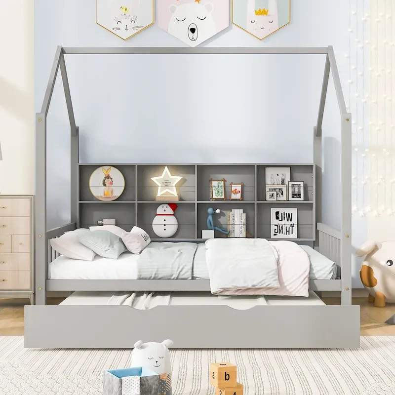 Full Solid Wood House Day Bed with Trundle