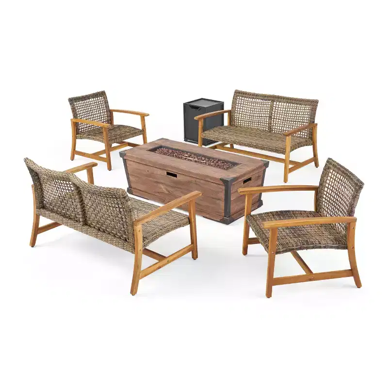 Christopher Knight Home Hampton Outdoor Acacia Wood and Wicker 6 Seater Chat Set with Fire Pit