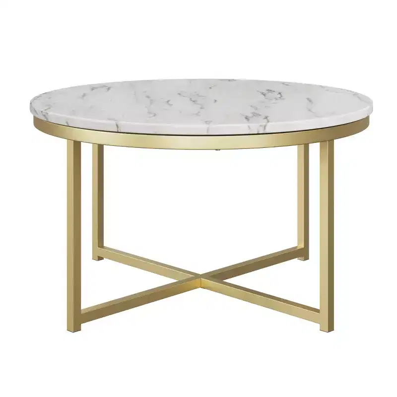 Lavish Home Round Coffee Table with Faux Mable Top and Metal Crossbeam, White/Gold