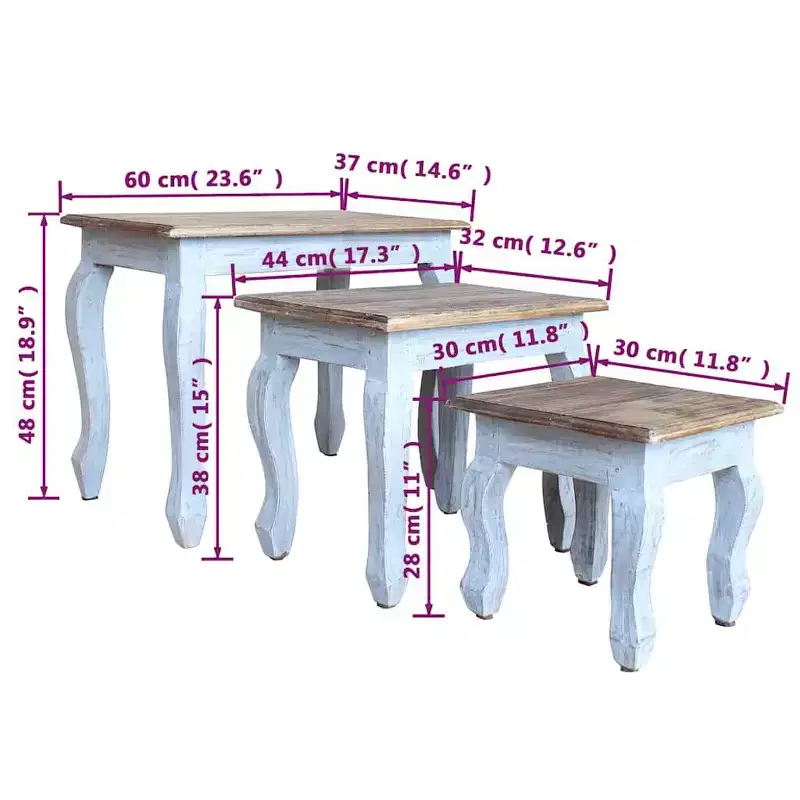 vidaXL Nesting Table Brown, White Solid Mahogany Wood Small, Medium, Large