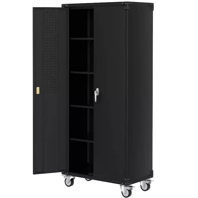 Heavy-Duty 72'' Metal Garage Storage Cabinet with Wheels - Locking Doors - 4 Adjustable Shelves - Pegboard Organizer - Mobile Tool Locker