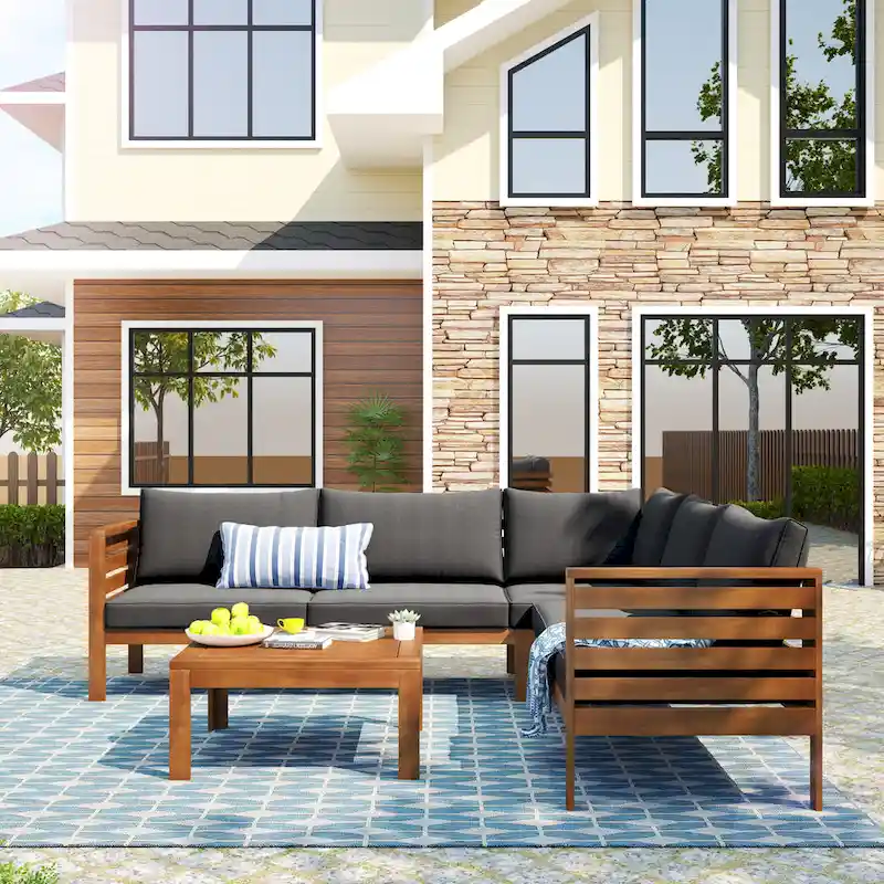 4-Piece Acacia Wood L-Shaped Sectional Sofa Set with Table