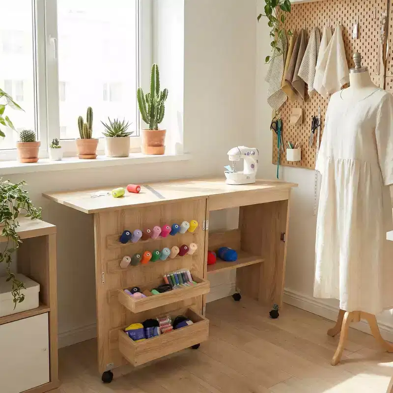Folding Sewing Machine Table with Lockable Wheels, Storage Shelves, Trays & Magnetic Locks