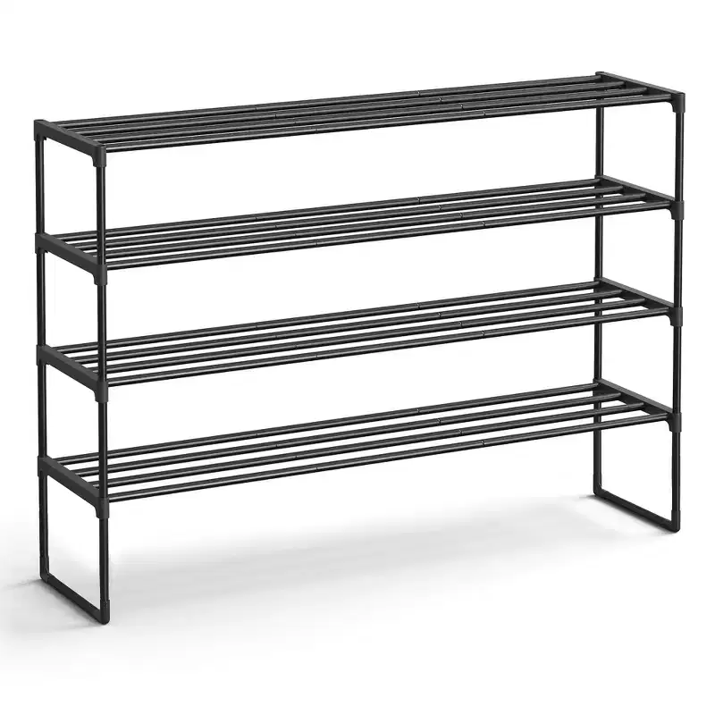 4-Tier Metal Shoe Rack for 25-30 Pairs, Stackable & Reversible, Black Entryway Organizer
