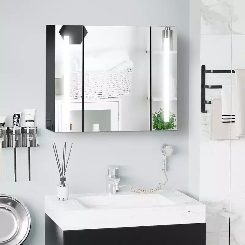 kleankin LED Lighted Medicine Cabinet with Mirror, 35.5 x 25.5 Wall Mounted Bathroom Cabinet with 3 Cupboards, Memory Function, USB Charge