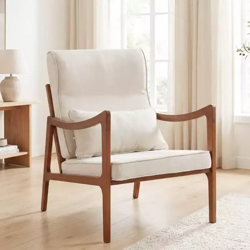 1/2 PCS Linen Fabric Upholstered Armchair with Lumbar Pillow, Removable Back, Seat Cushions Beige/Brown