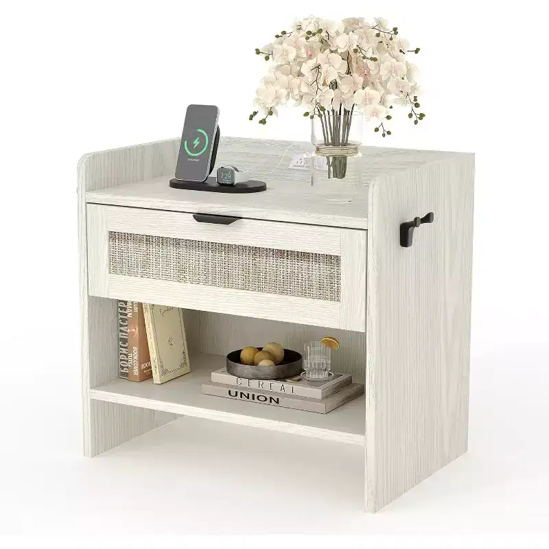 Rattan Nightstand, Boho Night Stand with 2 Drawer Storage Space, End Table, Sofa Side Table for Bedroom, Office, Living Room