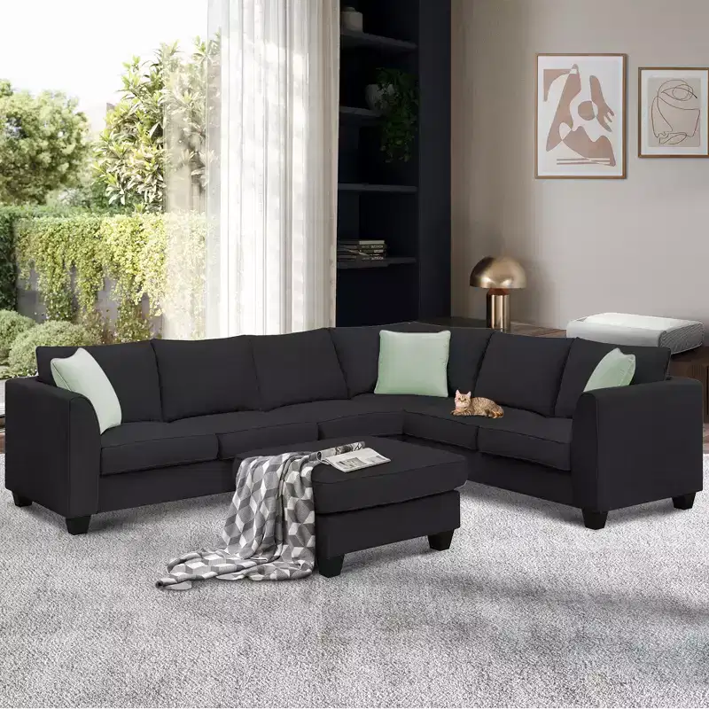 Modern 7-Seater Modular L-Shape Sectional Sofa with Ottoman and 3 Pillows, 112''x87''