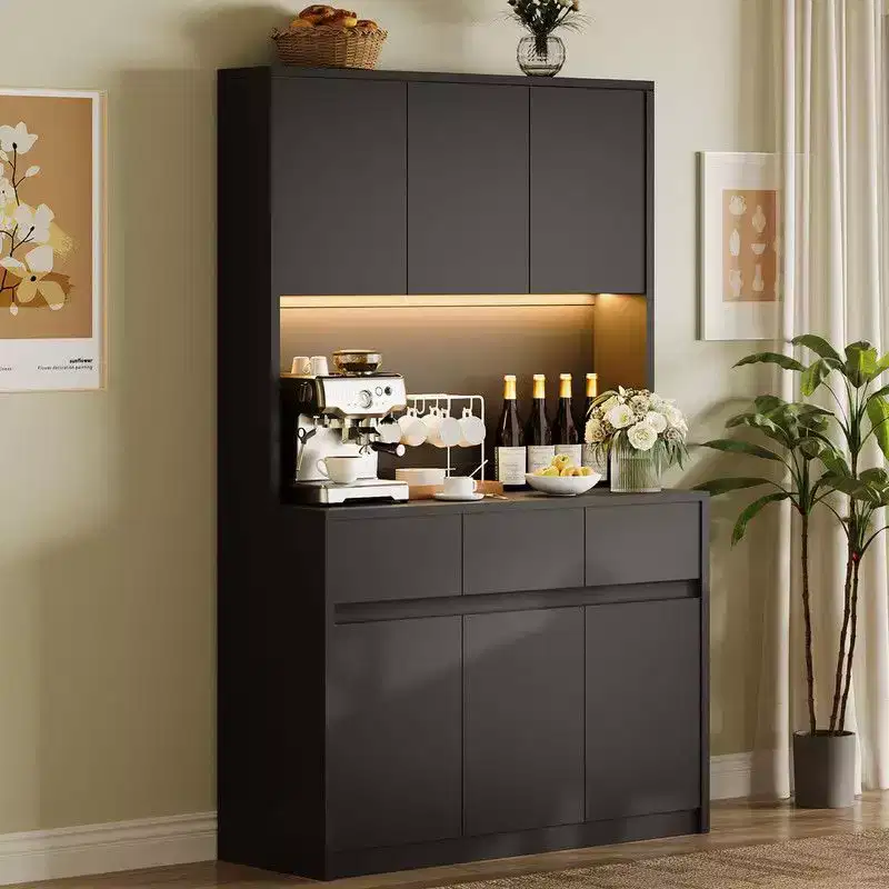 71 inch Kitchen Pantry Cabinet, Hutch Storage with Led Lights and Power Outlets, Buffet Cabinet with Microwave Stand, Adjustable Shelves