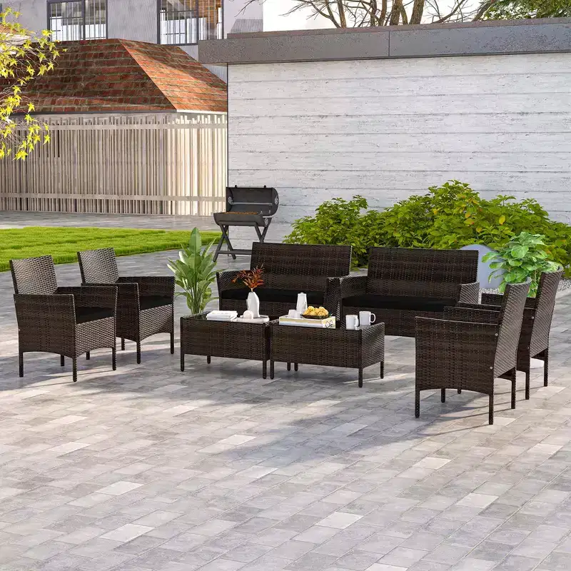 Costway 8 PCS Patio Furniture Set with Washable Cushions and Tempered Glass Coffee Table Black/Grey/Navy/Turquoise/Red/Blue/Orange