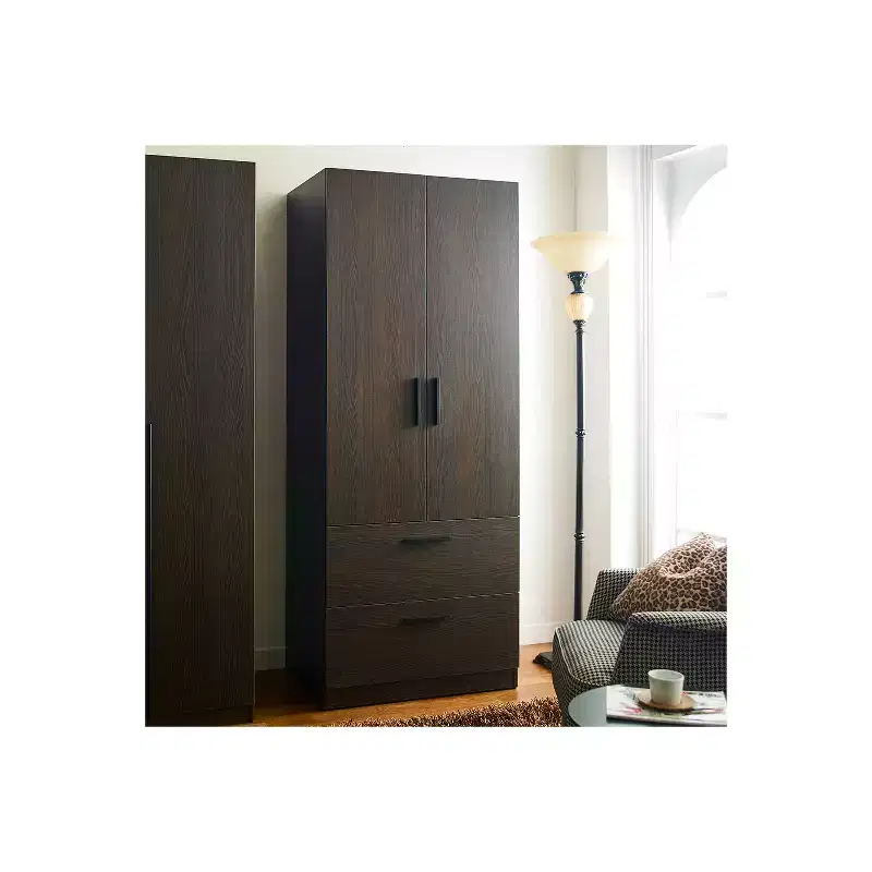 HomeStock Brook Two-Door Wood Closet with Two Drawers and Hanging Bars in Dark Brown
