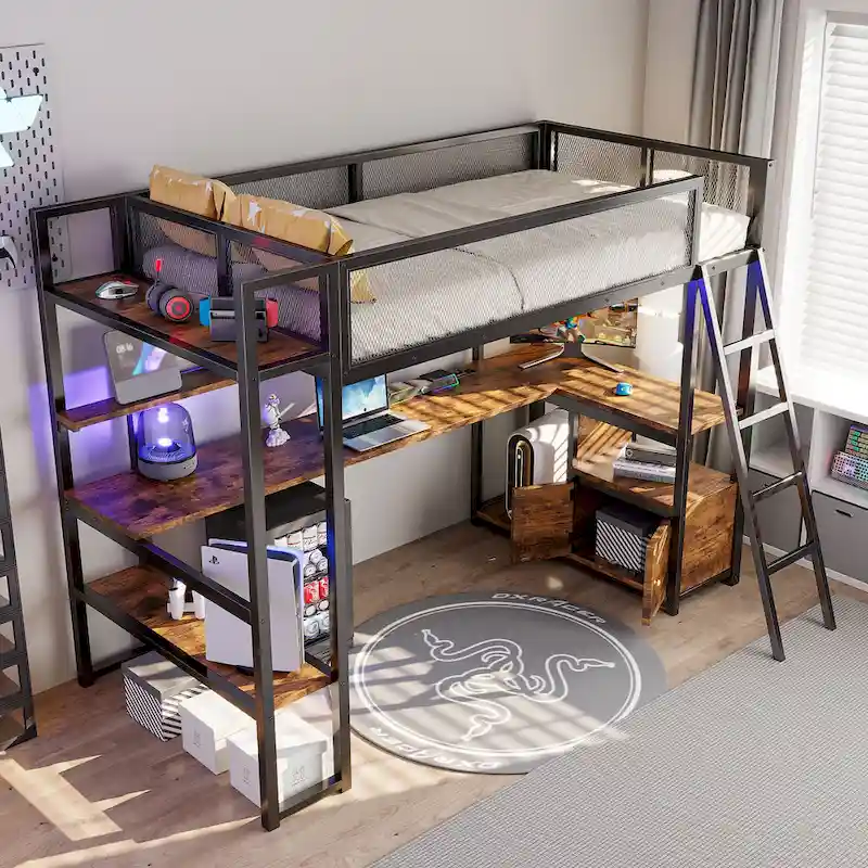 Twin Metal Loft Bed with LED Desk & Storage