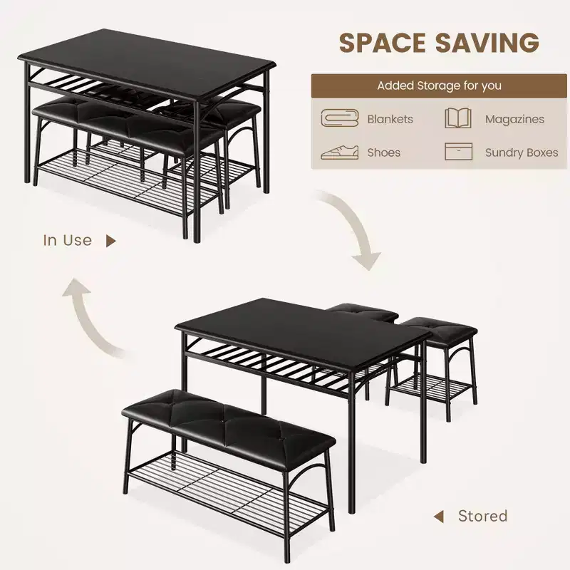 4 Piece Rectangular Kitchen Table Set, with 1 Upholstered Bench and 2 Square Stools
