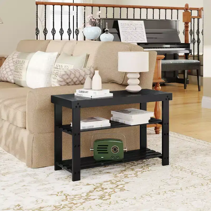 MAYEERTY 3 Tier Shoe Racks Bamboo Shoe Bench Entryway with Cushion and Adjustable Shelves for Hallway Mudroom living Room Black