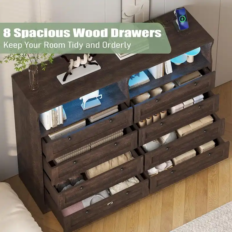 Modern Wood Dresser with 8 Drawers, Bedroom Dresser with Charging Station & LED Lights