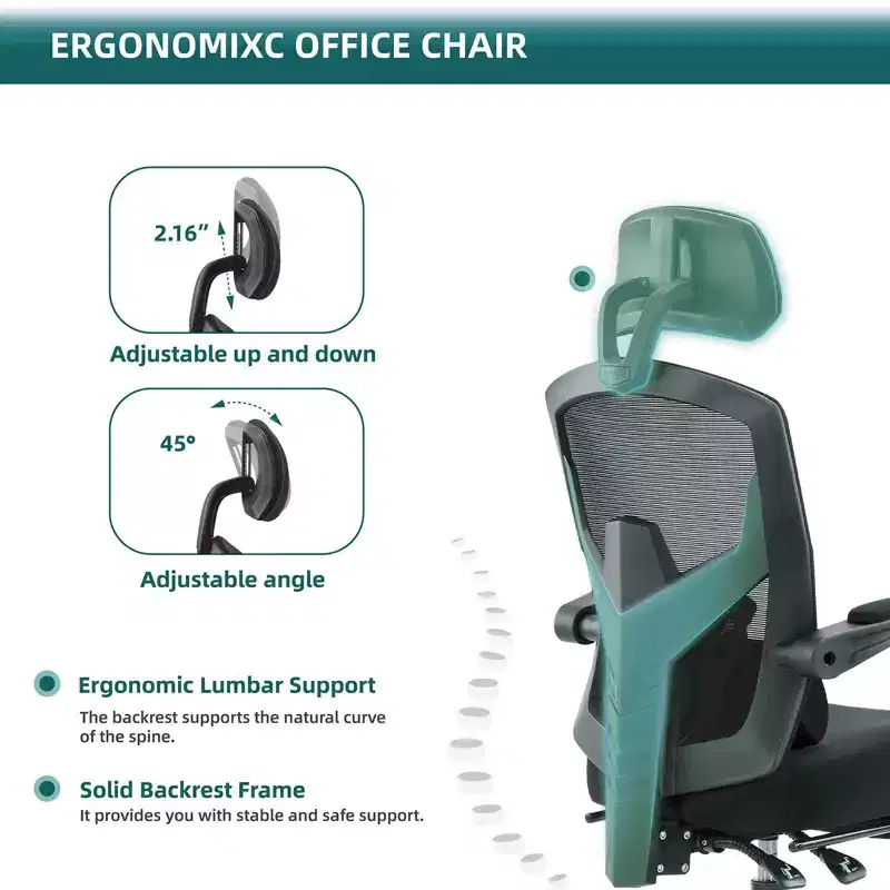 Ergonomic Office Chair with Retractable Footrest, Computer Chair with Lumbar Support Pillow and Padded Armrests, Swivel Chair for Office