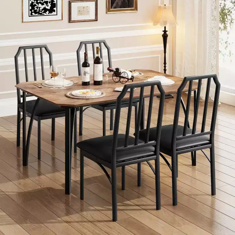 Dining Table Set for 4 - Compact 5-Piece Kitchen Table & Chairs with Chamfer Design, Rustic Brown