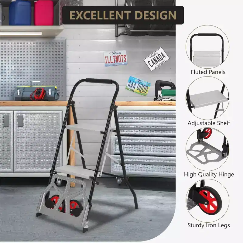2-in-1 Aluminum Folding Hand Truck & 2-Step Ladder with Anti-Slip Pedals, 220 lbs Capacity