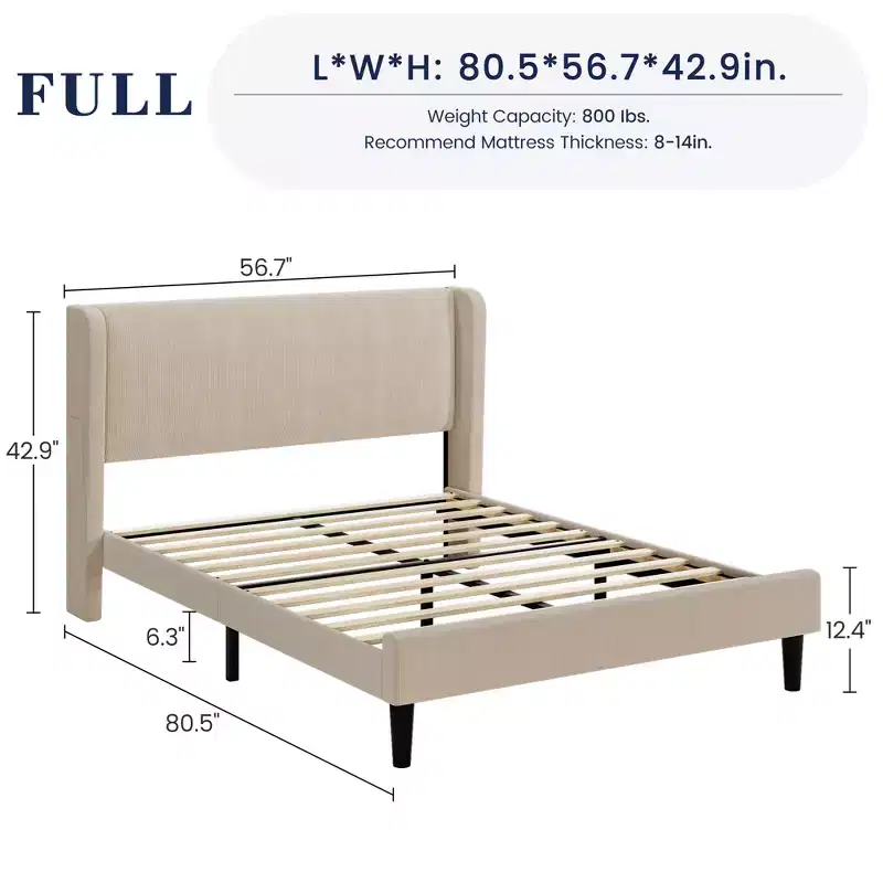 Bed Frame with Wingback Headboard, Velvet Upholstery Platform Bed,No Box Spring Needed