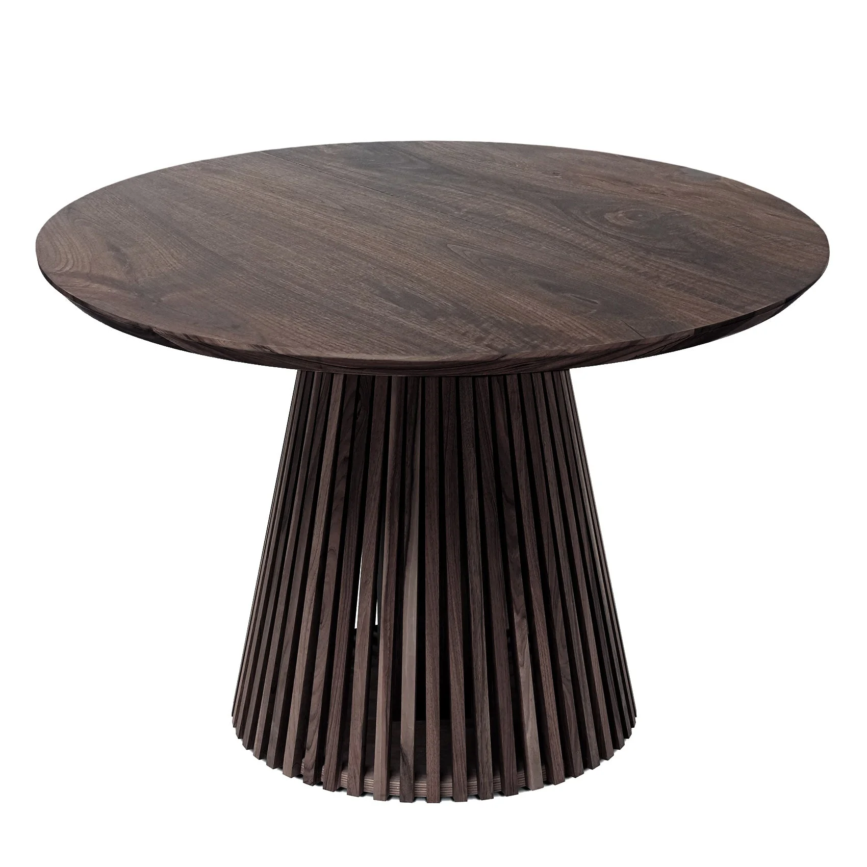 Round Dining Table in Charcoal Walnut - featuring its distinctive faceted pipe leg - is a unique and custom-made masterpiece that melds