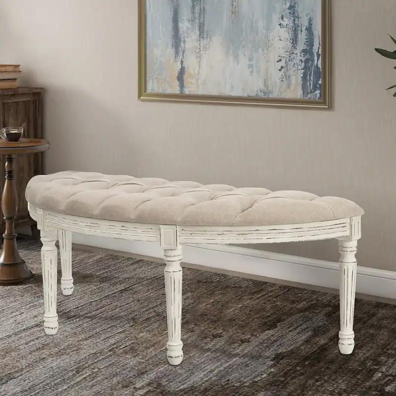 Ivory Tufted Linen Bench, 2-Person, Mid-Century Style