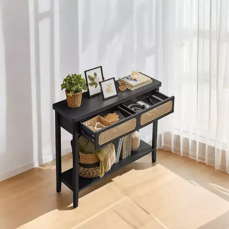 Rattan Console Table with 2 Drawers & Open Shelf, Narrow Entryway Table, 39.4