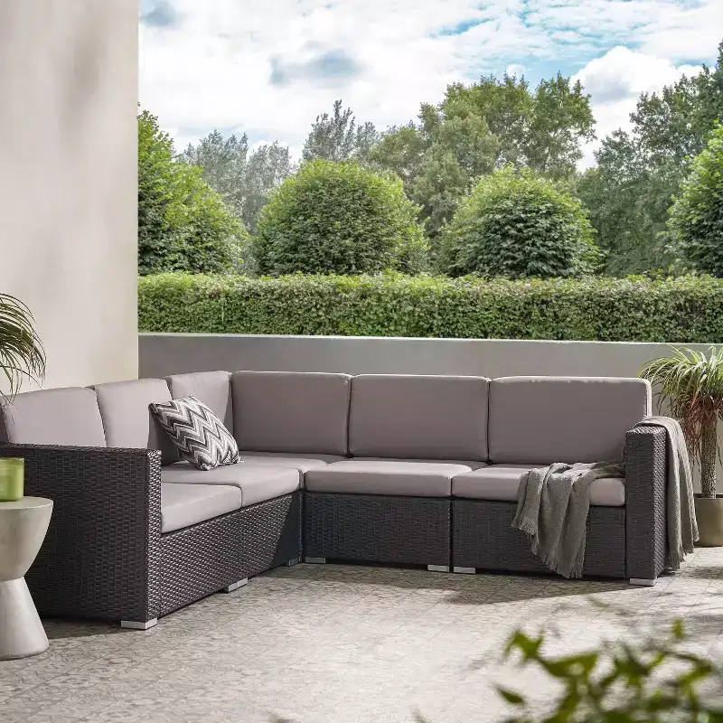 Christopher Knight Home 5pc Santa Rosa Wicker Outdoor V-Shaped Sectional Furniture Sofa Set Gray/Light Gray