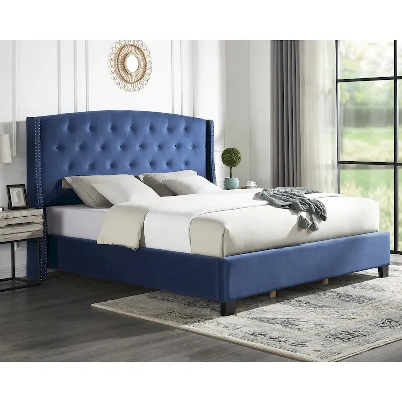 Wingback Tufted Upholstered Bed with Nailhead Trim