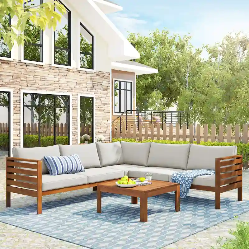 4-Piece Acacia Wood L-Shaped Sectional Sofa Set with Table