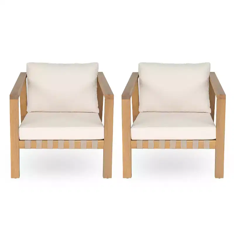 Christopher Knight Home Fraser Patio Slat Design Acacia Wood Club Chair with Cushion, Beige/Light Teak