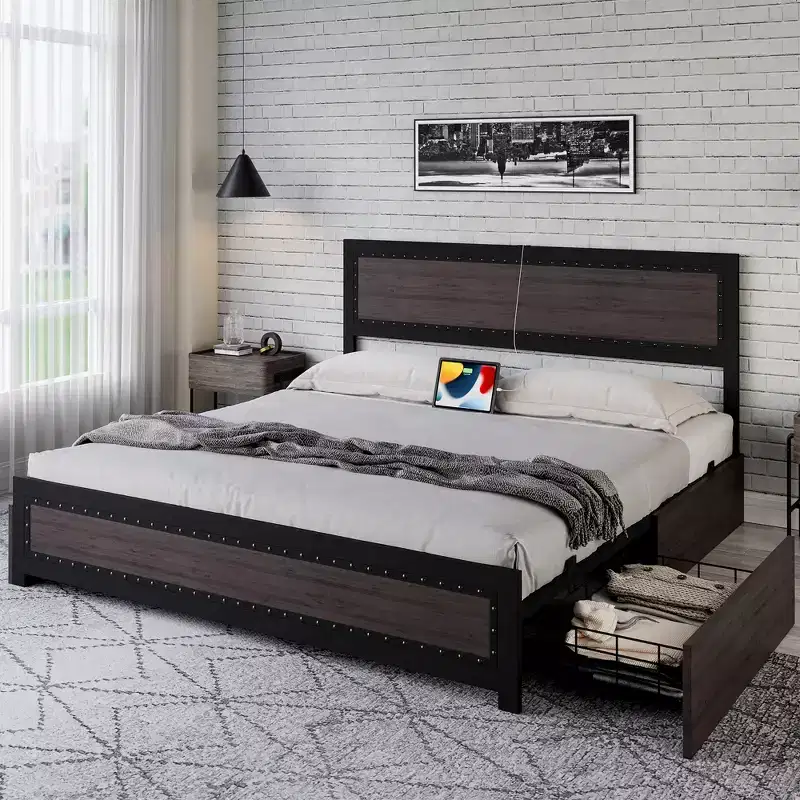 Full Size Bed Frame with 4 Storage Drawers and Headboard