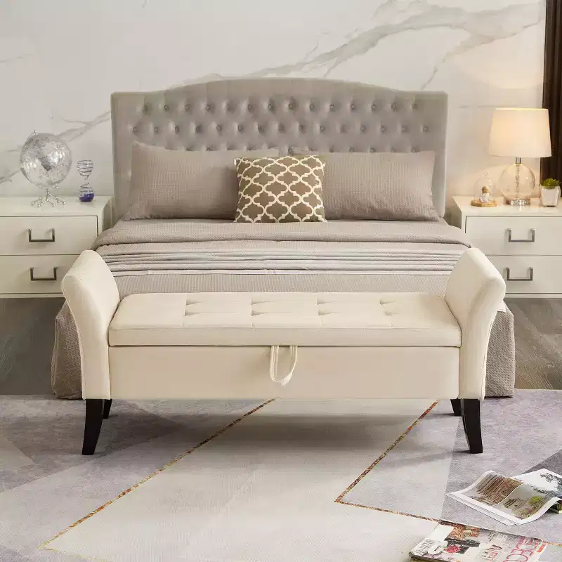 51.5 Bed Bench with Storage, Upholstered Velvet Tufted, with Solid Black Wooden Legs, For Bedroom/Entryway