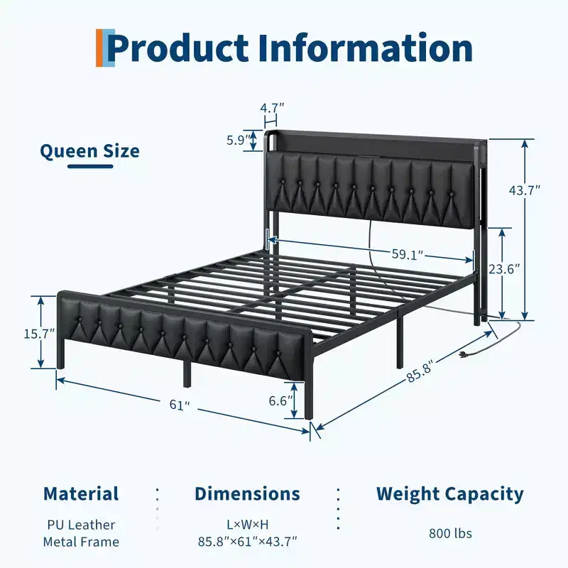 Bed Frame with PU Faux Leather, Button Headboard with Charging Station, All-Metal Full Platform Bed Frame with Storage,No Box Spring Needed