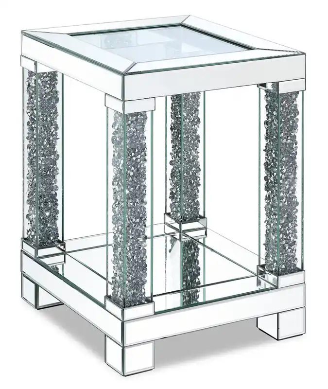 18 Glam Mirror & Glass Top End Table with Shelf - Silver Metal with Diamond Look Legs