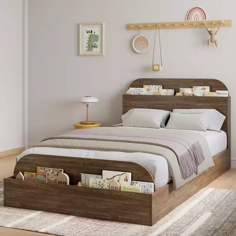 Queen Size Bed Frame, Wooden Beds with Storage Headboard and Raised-Foodboard, Twin-Floor Low Platform Bed for Bedroom,, No Box Spring Needed