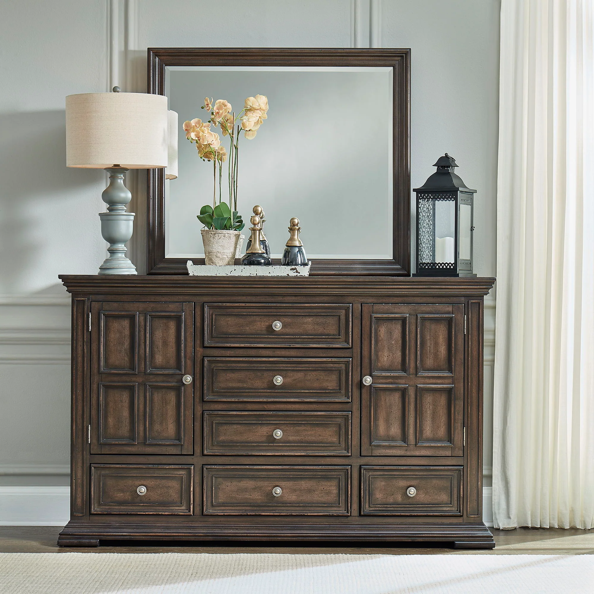 Dresser & Mirror — Crafted of rubberwood solids with birch veneers this kit features a brownstone finish with heavy distressing