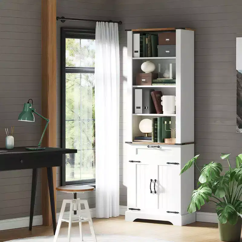 72 Tall Farmhouse Bookcase, Wooden Bookshelf with Storage Cabinet and Drawer, 4 Tier Display Cabinet with Barn Door and Adjustable Shelf