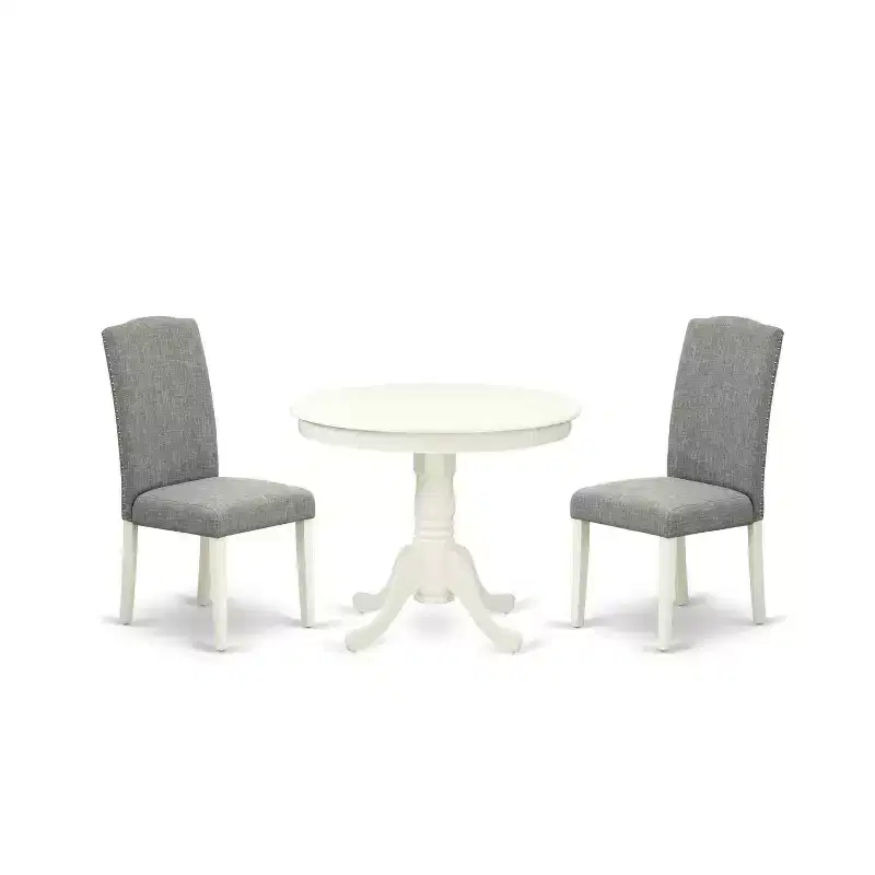 Round Dining Table Set 36 Inch - 3Pc Table & Chairs - Linen White Legs - Dark Shitake Fabric