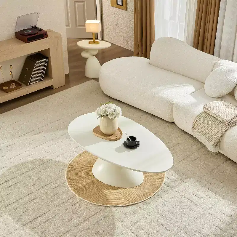 47 Lucky Stone Oval Fiberglass Coffee Table Sculptural Base Milk White