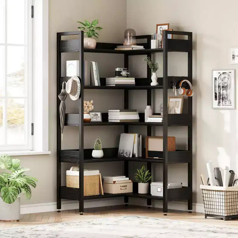 5-Tier Convertible Corner Bookshelf, L-Shaped Industrial Bookcase with Storage Display for Home, Office & Living Room