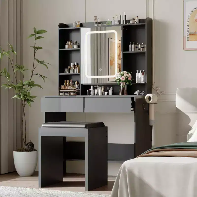 Vanity Desk with Mirror, for Bedroom, Adjustable 3 Color Lights, Includes Padded Stool, Hidden Storage Shelves, USB Outlets, Hair Dryer Holder, White